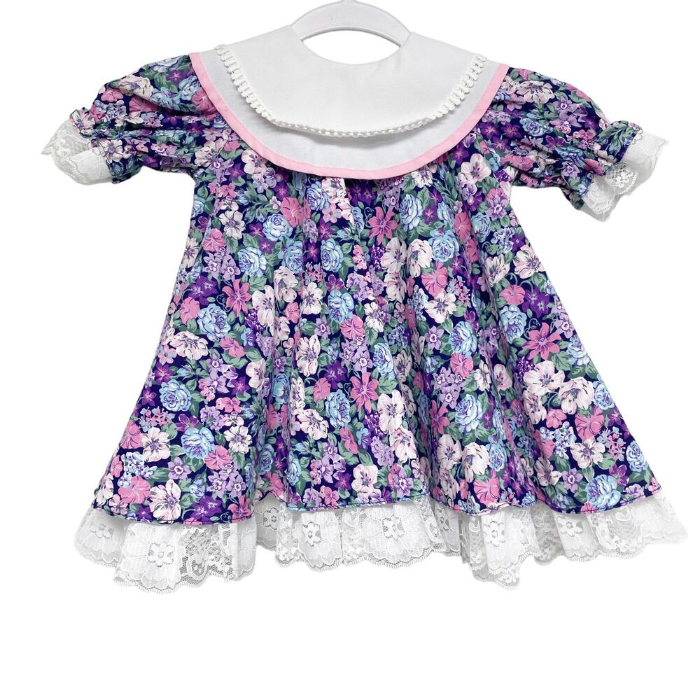 Vintage Little Princess Girls Size 12M Bib Collar Floral Frilly Dress